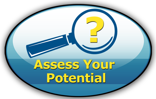 Assess Your Potential: Oval with Magnifying glass and question mark 
