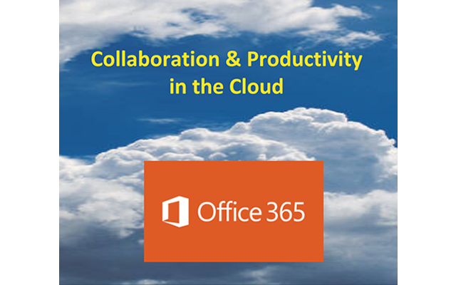 Collaboration & Productivity in the clouds: Image of clouds in background, Office 365 logo at bottom center, orange background, white letters